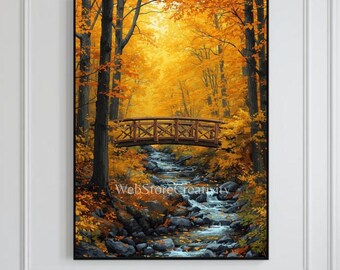 Autumn forest bridge illustration printable digital download vertical wall art nature decor colorful landscape large format poster design