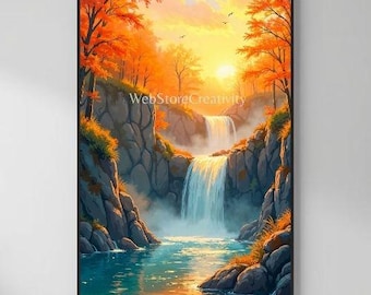 Autumn waterfall landscape digital print golden forest river painting style wall art nature poster warm sunlight mist scenic decor