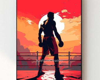 Boxing silhouette printable digital download sports wall art vibrant ring poster modern gym decor large format vertical athletic design