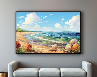 Tropical Beach Watercolor Print 16x9 Ratio Coastal Wall Art Seashell Ocean Landscape Poster Digital Download Large Format Home Decor