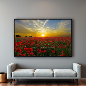 Può includere: Stampa incorniciata di un paesaggio con un campo di papaveri rossi vibranti sotto un cielo al tramonto. Il cielo passa dal giallo al blu, con nuvole sottili. Il testo "WebStoreCreativity" è visibile.