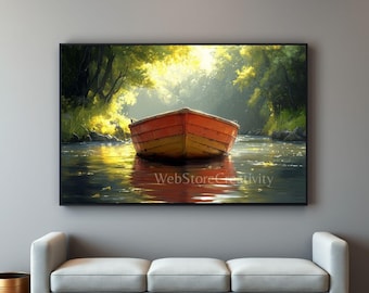 Colorful Boat Lake Wall Art Printable 3x2 Ratio Digital Download Serene Landscape Illustration Water Reflection Nature Home Decor Print