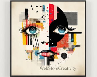 Abstract geometric woman portrait printable digital download bauhaus pop art square wall decor colorful modern design large format poster