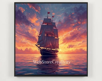 Square sailing ship sunset illustration printable digital download nautical wall ocean decor colorful sky large format modern poster design