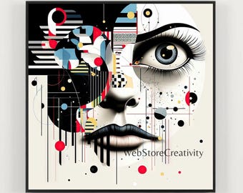 Abstract geometric woman portrait printable digital download bauhaus pop art square wall decor colorful modern design large format poster