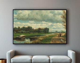 Dutch countryside landscape wall art digital print panoramic rural canal bridge sheep printable large format vintage style home decor nature