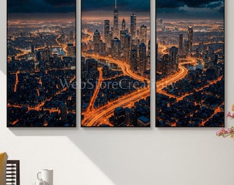 Triptych VerticalFuturistic Night City Digital Print Skyline Neon Lights Urban Wall Art Modern Poster Large Format Download Decor