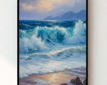 Dramatic Ocean Waves Sketch Painting Printable sea Digital Download Seascape Poster Blue Coastal Decor Modern Vertical Artwork Home Office