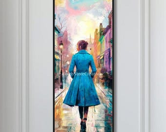 Colorful Sketch Style Woman Walking City Street Blue Coat Printable Art Digital Download Modern Vertical Poster Decor Home Office Bedroom