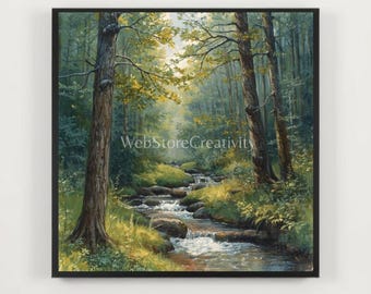 Square forest stream painting printable digital download nature wall art green landscape decor sunlight large format modern poster design