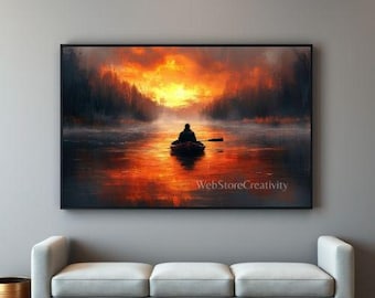 Lonely boat sunset lake wall art digital print panoramic landscape reflection calm water printable large format home decor meditation nature