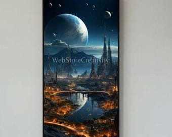 Futuristic alien metropolis digital print poster sci fi city distant planet space skyline warm lights modern wall art fantasy universe