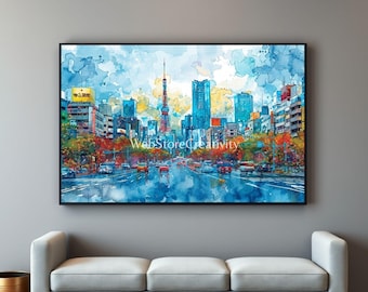 Tokyo Tower Watercolor Skyline Print 16x9 Ratio Autumn Cityscape Wall Art Poster Japan Urban Architecture Digital Download Large Decor