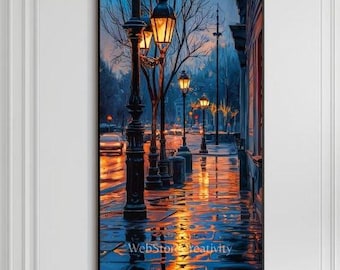 Cinematic city street twilight digital print golden lamps urban reflection wet pavement modern wall art evening landscape poster decor