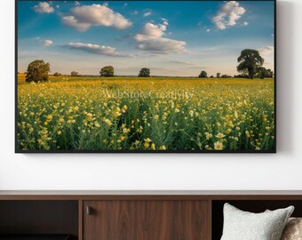 Yellow wildflower meadow landscape digital print poster 16x9 blue sky clouds nature wall high resolution instant download summer photography