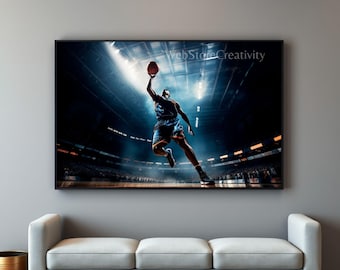 Basketball Player Jump Shot Arena Wall Art Digital Print 3x2 Sports Poster Dramatic Lighting Pro Game Decor High Resolution Download