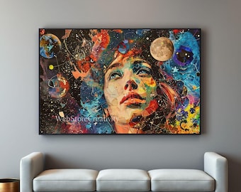 Cosmic abstract woman portrait printable digital download colorful collage wall art modern space design large format poster decor