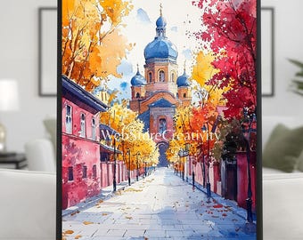 Russian Cathedral Watercolor Print 2x3 Ratio Autumn Cityscape Wall Art Orthodox Architecture poster Digital Download Large Format Decor