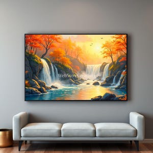 Autumn Waterfall Landscape Print Panoramic Nature Wall Art peaceful wall art High Resolution Poster Forest River Digital Download Large
