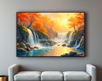 Autumn Waterfall Landscape Print Panoramic Nature Wall Art peaceful wall art High Resolution Poster Forest River Digital Download Large
