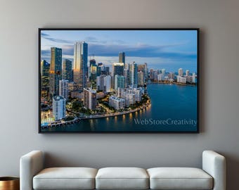 Miami Brickell skyline sunset photography printable wall art city lights river reflection travel download modern home decor wide poster