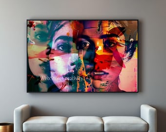 Abstract layered women portrait printable digital download colorful collage wall art modern geometric design large format poster decor