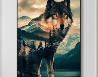 Wolf mountain digital wall art lake forest nature illustration wildlife printable vertical artwork large format poster mystical animal print