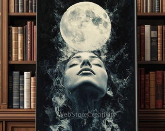 Surreal moon woman wall art digital print celestial portrait fantasy face printable large format mystical decor modern illustration dream