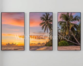 Triptych wall art digital print tropical sunset beach palm trees ocean printable vertical artwork poster large format colorful coastal decor