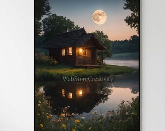 Moonlight Cabin Printable Wall Art Digital Download Night Landscape Poster Lake Reflection Nature Decor Vertical Artwork Home Office Bedroom