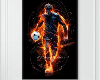 Soccer fire player printable digital download sports wall art neon energy poster modern athletic decor large format vertical design