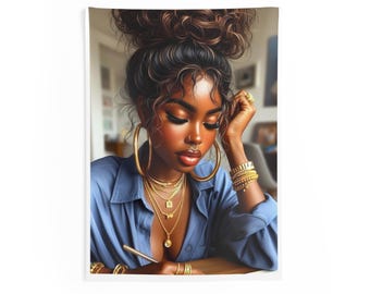 Afro Chic Woman Portrait Indoor Wall Tapestry | Boho Glam Hair Jewelry Art
