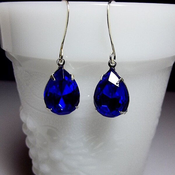 Sapphire Blue Glass Earrings, Christmas Gift, Mom Sister Grandmother Bridesmaid Jewelry Gift, Statement Earrings, Vintage Rhinestones