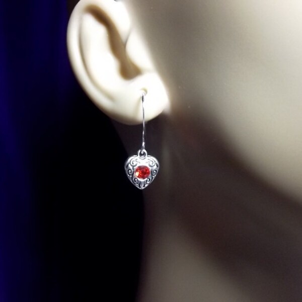 Red Rhinestone Heart Drop Earrings, Christmas Gift, Mom Sister Grandmother Gifts, Simple and Pretty