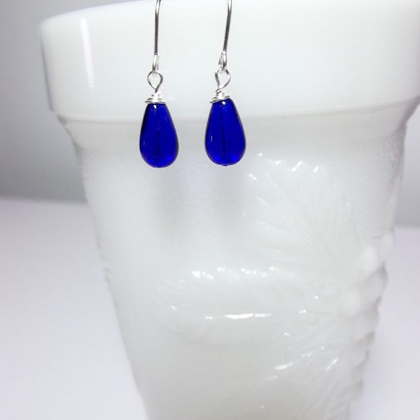 Cobalt Blue Glass Drop Earrings, Small, Valentines Mothers Day Christmas Gifts, Bridesmaid Wedding Mom Sister Birthday Jewelry Gifts