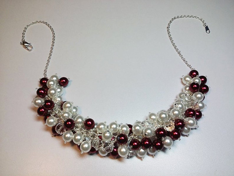 Red and White Pearl Crystal Cluster Necklace Mom Gift Valentines Gift Beaded Necklace Bridesmaid Girlfriend Gift