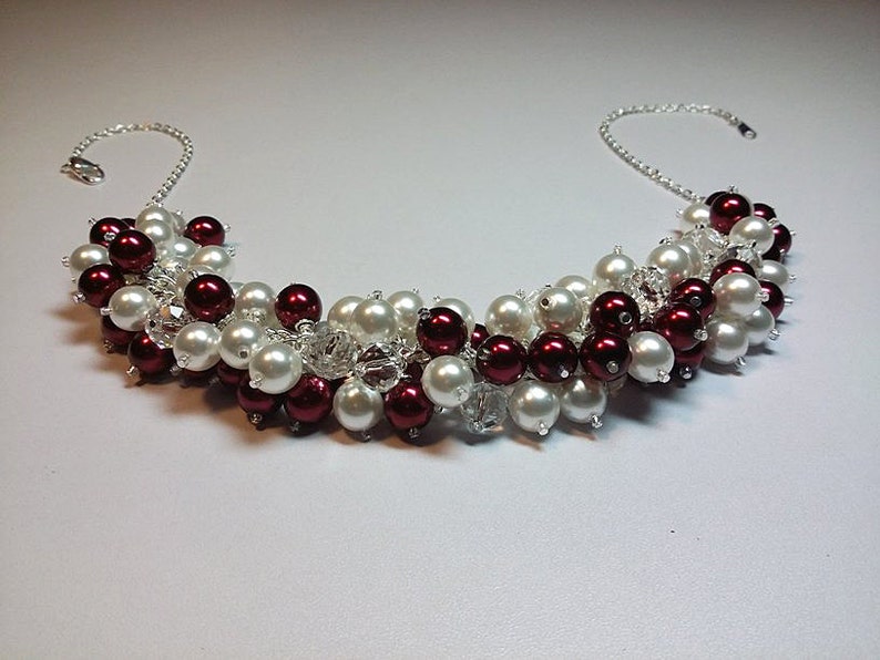 Red and White Pearl Crystal Cluster Necklace Mom Gift Valentines Gift Beaded Necklace Bridesmaid Girlfriend Gift