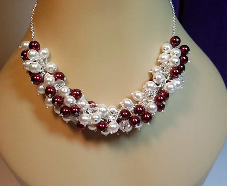 Red and White Pearl Crystal Cluster Necklace Mom Gift Valentines Gift Beaded Necklace Bridesmaid Girlfriend Gift