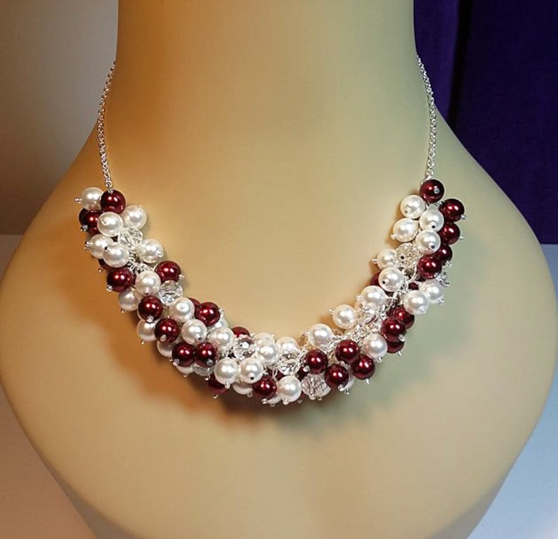 Red and White Pearl Crystal Cluster Necklace Mom Gift Valentines Gift Beaded Necklace Bridesmaid Girlfriend Gift