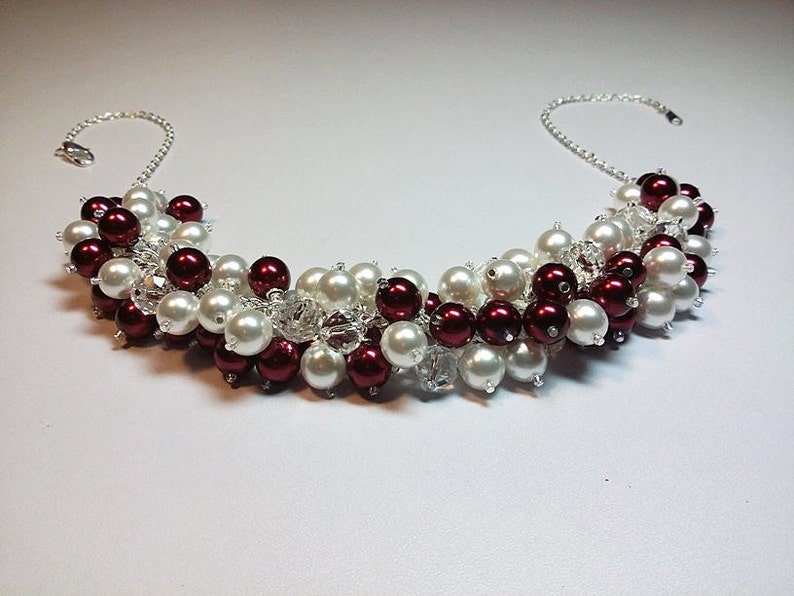 Red and White Pearl Crystal Cluster Necklace Mom Gift Valentines Gift Beaded Necklace Bridesmaid Girlfriend Gift