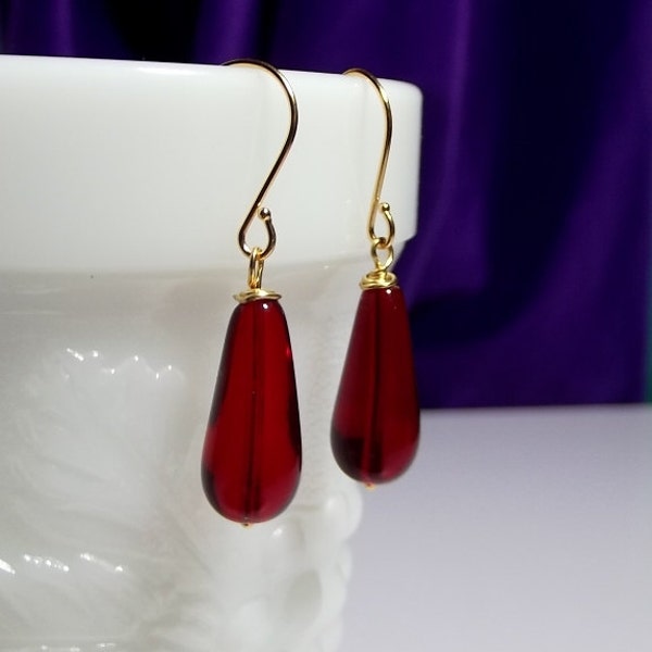Ruby Red Glass Teardrop Earrings, Mom Sister Grandmother Jewelry Gift,  Gold Earrings, Simple, Pretty
