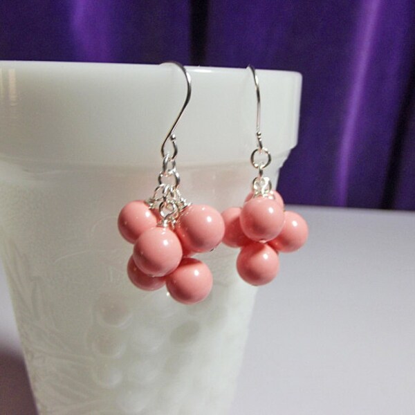 Swarovski Pink Coral Pearl Cluster Earrings, Mothers Day Gift, Short Cluster Earrings, Mom Sister Grandmother Jewelry Gift, Cocktail