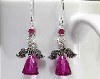 Christmas Angel Swarovski Earrings, Fuchsia Crystal Earrings, Christmas Earrings, Christmas Gift for Her, Birthday Gift, Wife Gift, Mom Gift