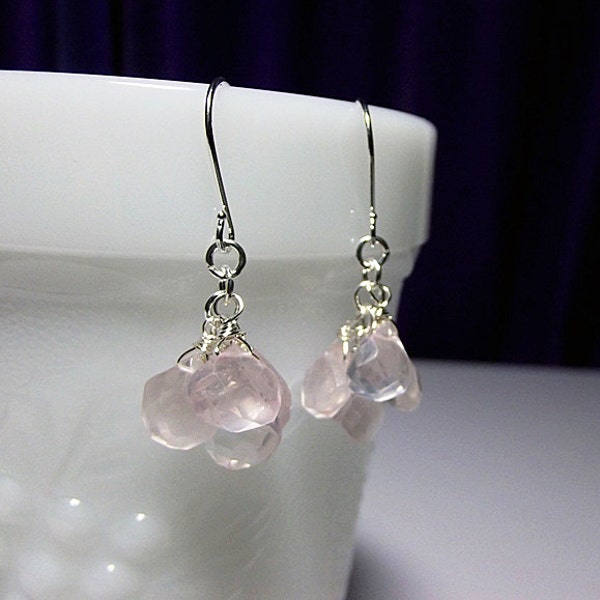 Rose Quartz Briolette Gemstone Cluster Drop Earrings, Mothers Day Christmas Mom Sister Bridesmaid Girlfriend Birthday Jewelry Gift