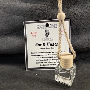 May include: A clear glass car diffuser bottle with a light-colored wooden cap and a beige hanging cord. Behind the bottle is a white instruction card labeled Woodland Aromas Car Diffuser with a skunk graphic and Black Ice scent text.