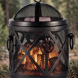 May include: A cylindrical metal wax warmer with a dark bronze finish, featuring a domed mesh lid and a lattice-patterned mesh body. The base has four short feet, and two decorative ring handles are attached to the sides. A warm light glows inside.