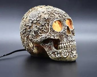 Floral Intaglio Skull Electric Wax Warmer - Dimmable Gothic Decor
