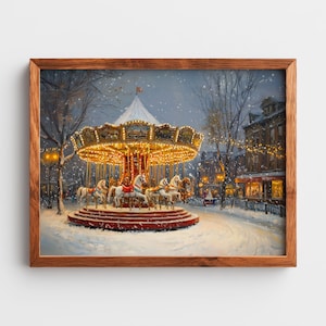 May include: A framed print depicting a winter scene with a carousel illuminated by golden lights. The carousel features white horses and is set in a snowy environment with buildings and trees. The artwork is in a wooden frame.