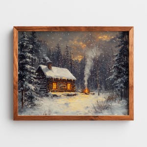 Rustik vinterstuga i snö - Utskrivbar skogslandskapskonst, mysig vintagescen, Cottagecore vinterdekor, digital nedladdningsbar utskrift 15