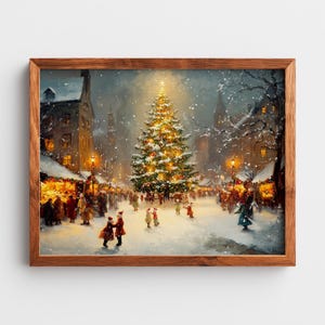 May include: A framed painting depicts a snowy Christmas market scene. A large, illuminated Christmas tree stands in the center, surrounded by people and buildings. The artwork is in a warm color palette with a focus on the festive atmosphere.